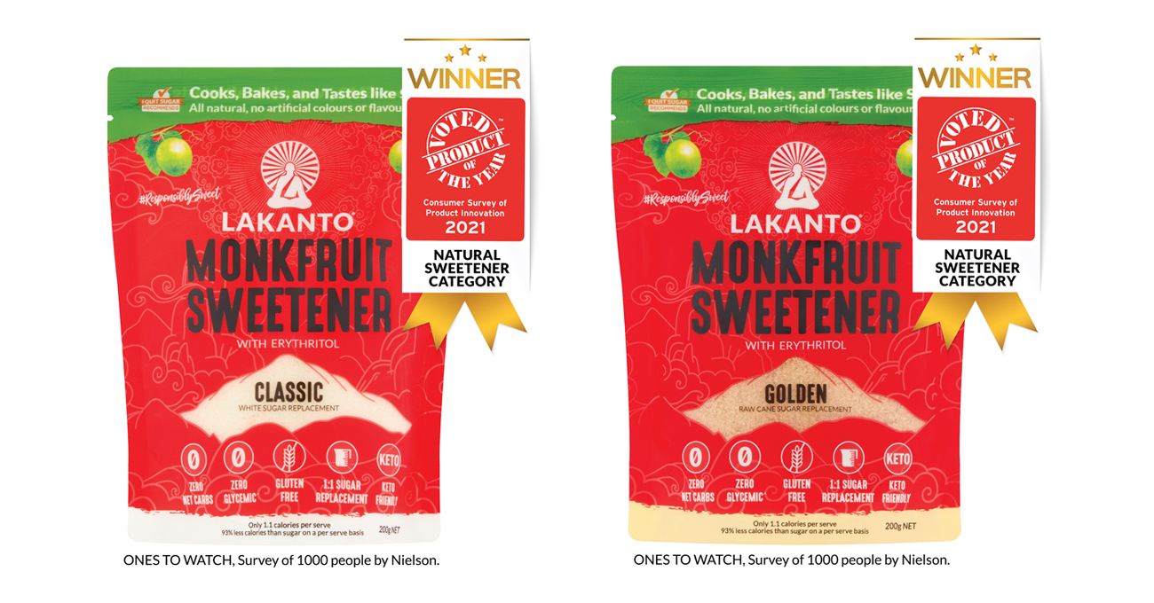 Lakanto Sweetener wins Product of the Year 2021 in the Natural Sweetener category, while named One to Watch in the Consumer Survey of Product Innovation in Australia.