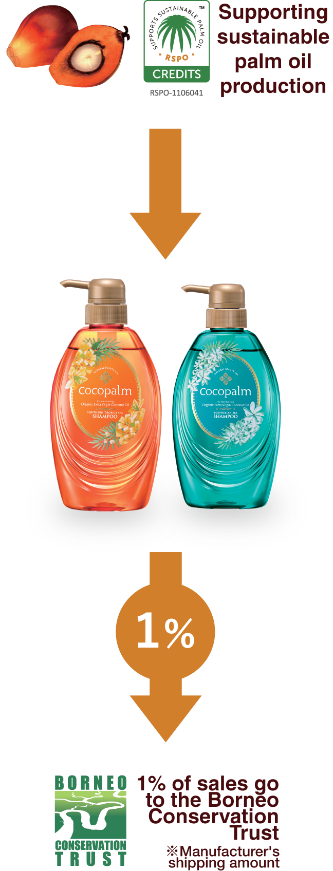 Cocopalm supports sustainable palm oil production and donates  1% of all sales to the Borneo Conservation Trust.