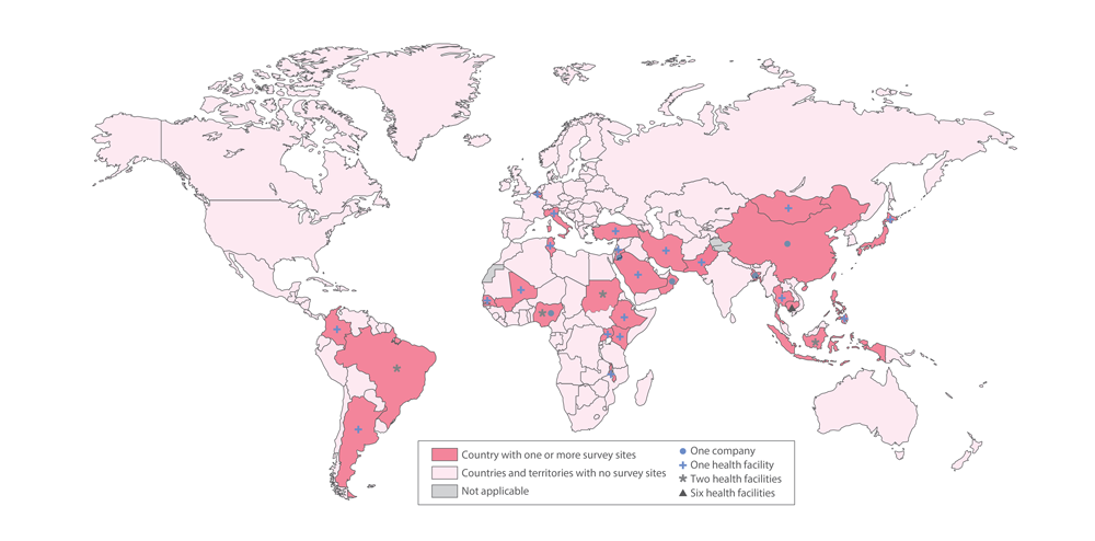 Figure 4. Map showing the locations of sites that responded to survey on the local production of the WHO-recommended alcohol-based handrub formulations, 2011