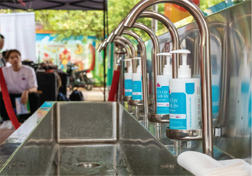 Hand soap bottles ready for hand hygiene