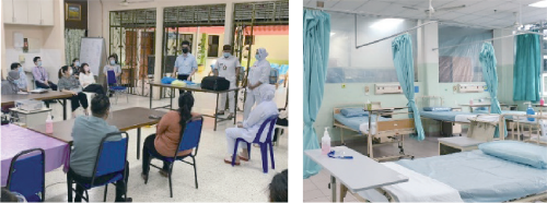 On the left, a briefing to staff members about expanding beds in the outpatient department. On the right, the repurposed ward for COVID-19 patients.