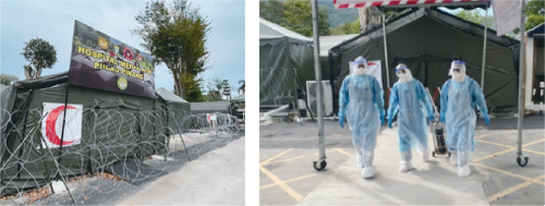 On the left, the field hospital is set up in the parking area of the hospital. On the right, health staff members after transporting a new case into the field hospital.
