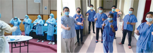 On the left, PPE training by the infection control team. On the right, regular visits and support ensured medical staff members were healthy and motivated.