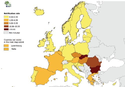 Hepatitis A cases per 100,000 population by country, EU/EEA, 2020 (Source: ECDE, 7 Dec 2022 Report)