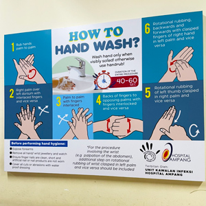 hand hygiene six-step poster. These posters are attached above each sink for quick reference.