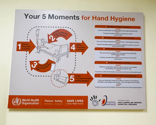 The “Your 5 Moments for Hand Hygiene” poster is attached at the entrance to the medical ward. 