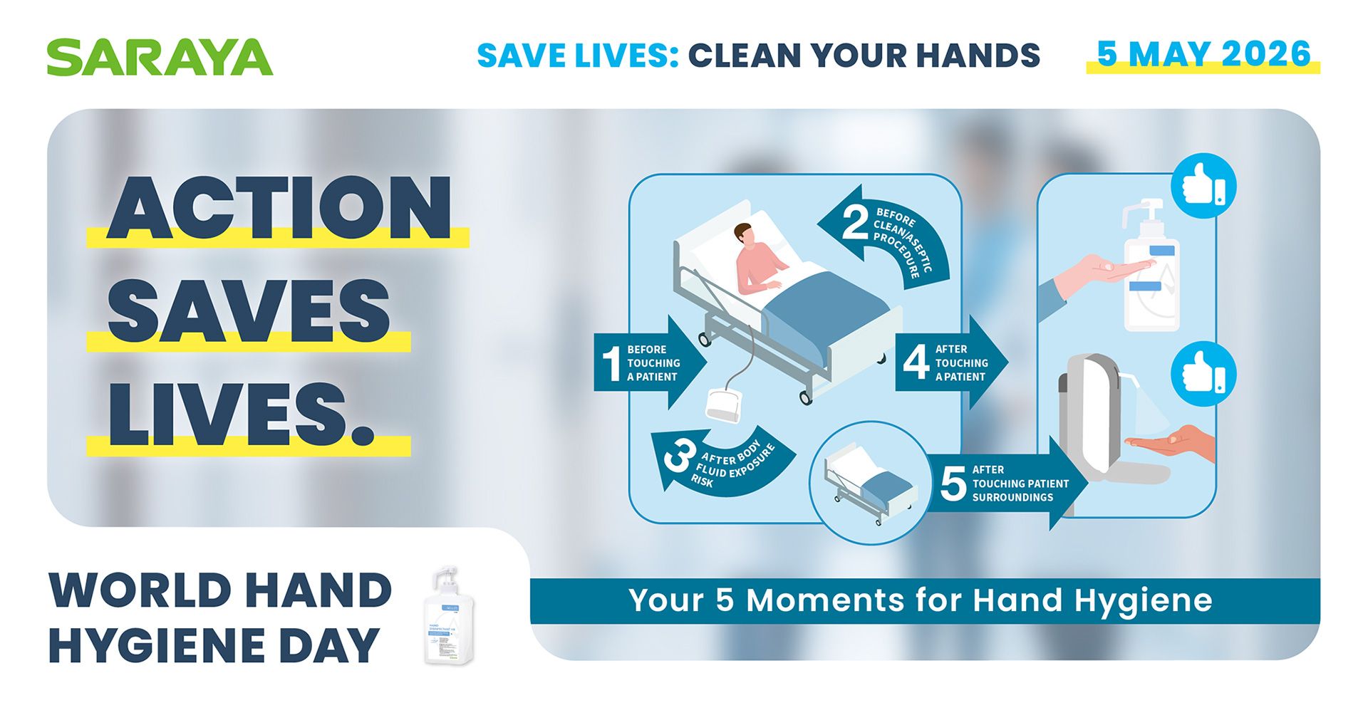 Why is sharing knowledge about hand hygiene still so important? Because it helps stop the spread of harmful germs in healthcare. Save Lives Clean your Hands. Celebrate 5 May 2026 with SARAYA.